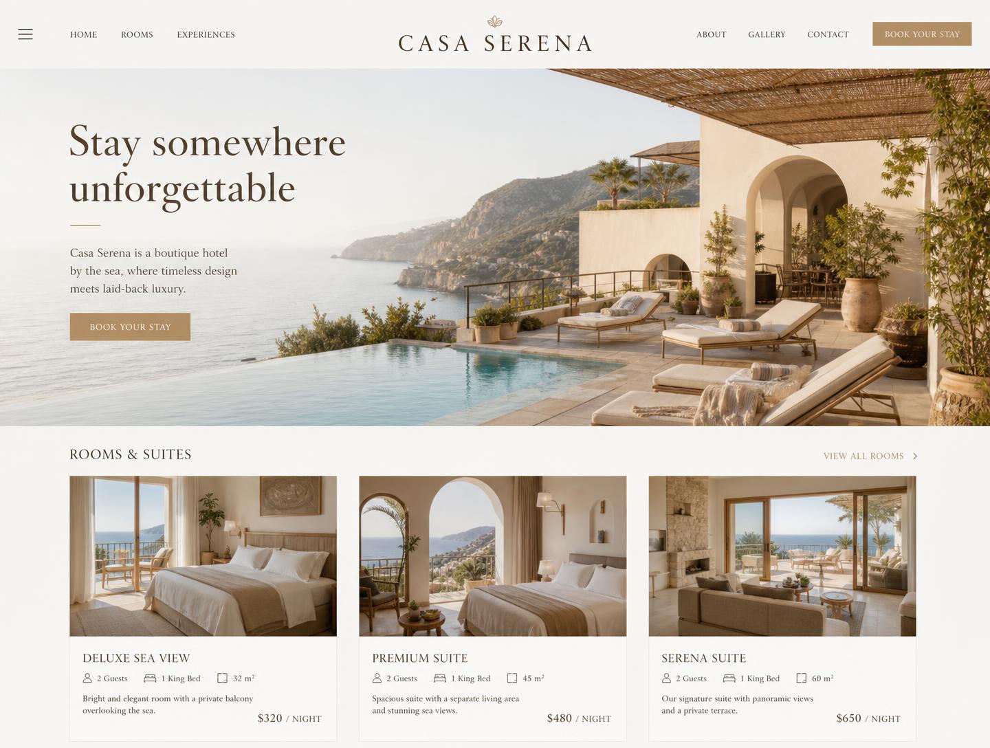 Casa Serena website concept — Stay somewhere unforgettable